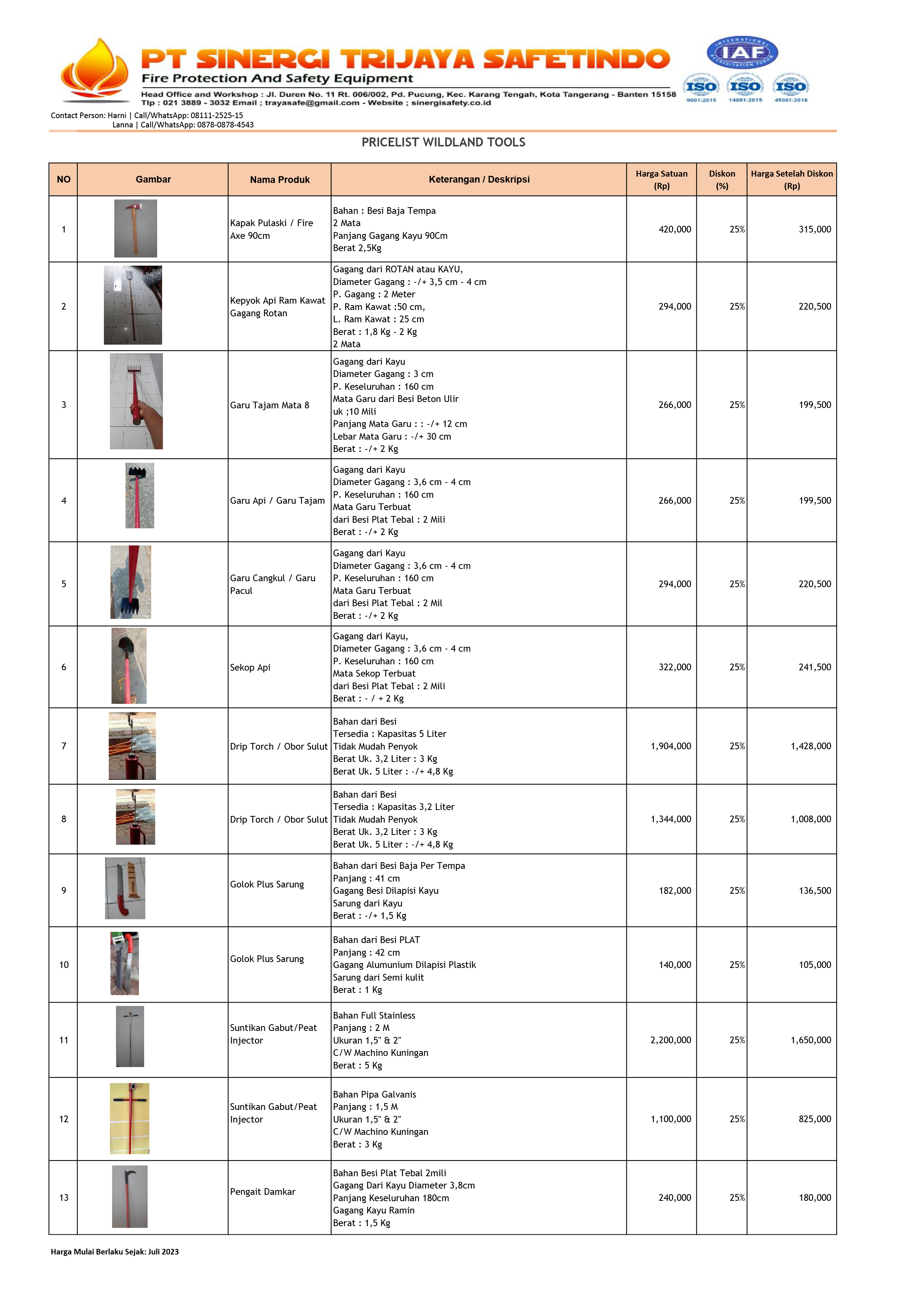 STS - Pricelist Wildland Tools